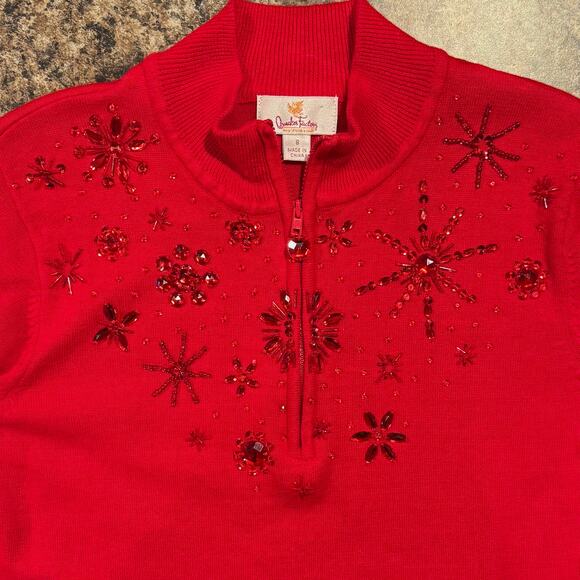 Quacker Factory Sweater 1/4 Zip Embellished Christmas Holiday Festive Red Small - Picture 6 of 7